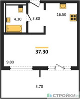 Планировка однокомнатной(апартаменты) площадью 37.3 квадратных метров в “ЖК Равновесие”