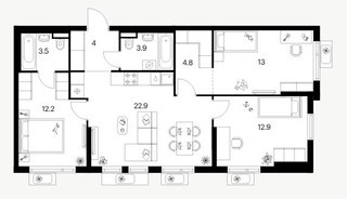 Планировка трехкомнатной(квартира) площадью 77.2 квадратных метров в “Ярославский квартал”