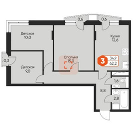 Планировка трехкомнатной(квартира) площадью 61.2 квадратных метров в ЖК “ЖК Фрунзенский”