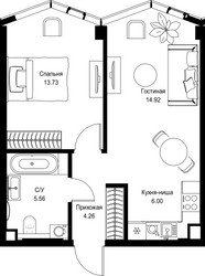 Планировка однокомнатной(квартира) площадью 44.5 квадратных метров в ЖК “Дом премиум-класса МИРА”