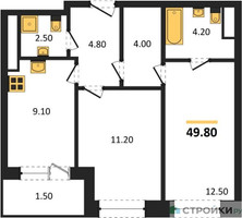 Планировка двухкомнатной(квартира) площадью 49.7 квадратных метров в “ЖК Пушкино Град”