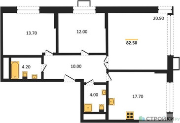 Планировка трехкомнатной(квартира) площадью 82.4 квадратных метров в ЖК “ЖК Вереск”