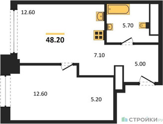 Планировка однокомнатной(квартира) площадью 48.2 квадратных метров в ЖК “ЖК Мираполис”