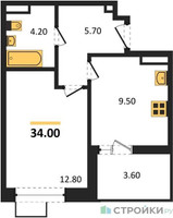 Планировка однокомнатной(квартира) площадью 34 квадратных метров в “ЖК Бунинские кварталы”