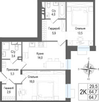 Планировка двухкомнатной(квартира) площадью 64.7 квадратных метров в “ЖК КИНОКВАРТАЛ”