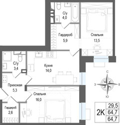 Планировка двухкомнатной(квартира) площадью 64.7 квадратных метров в ЖК “ЖК КИНОКВАРТАЛ”