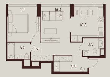 Планировка двухкомнатной(квартира) площадью 52.1 квадратных метров в ЖК “ЖК INDY Towers (Инди Тауэрс)”