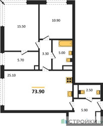 Планировка двухкомнатной(квартира) площадью 73 квадратных метров в ЖК “Жилой район Alia (Алиа)”
