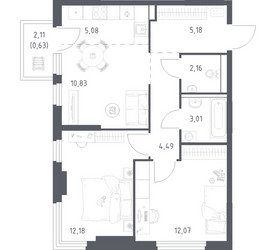 Планировка двухкомнатной(квартира) площадью 55.63 квадратных метров в ЖК “ЖК Пригород Лесное”