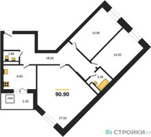 Планировка трехкомнатной(квартира) площадью 90.9 квадратных метров в “ЖК Три квартала”