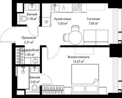 Планировка однокомнатной(квартира) площадью 37.01 квадратных метров в “ЖК Веер”