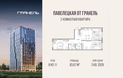 Планировка двухкомнатной(квартира) площадью 83.67 квадратных метров в ЖК “ЖК Павелецкая от Гранель”