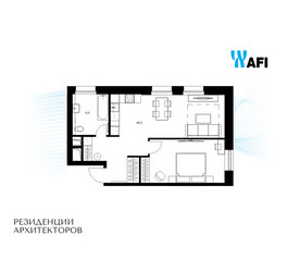 Планировка двухкомнатной(апартаменты) площадью 55.1 квадратных метров в ЖК “ЖК Резиденции Архитекторов”