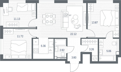 Планировка трехкомнатной(квартира) площадью 79.14 квадратных метров в ЖК “ЖК TATE (Тэйт)”