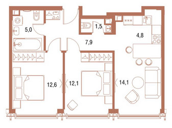 Планировка двухкомнатной(квартира) площадью 57.6 квадратных метров в ЖК “ЖК Symphony 34 (Симфония 34)”