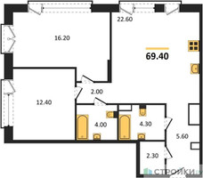 Планировка двухкомнатной(квартира) площадью 69.4 квадратных метров в “ЖК The LAKE (Лэйк)”