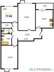 Планировка трехкомнатной(квартира) площадью 77.8 квадратных метров в ЖК “ЖК Первый Лермонтовский”
