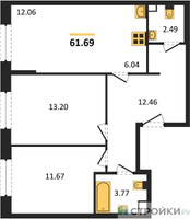 Планировка двухкомнатной(квартира) площадью 61.69 квадратных метров в “Жилые кварталы Новое Пушкино”