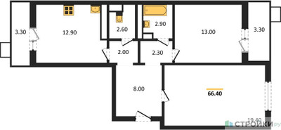Планировка двухкомнатной(квартира) площадью 66.4 квадратных метров в ЖК “ЖК Пироговская Ривьера”