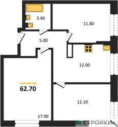 Планировка трехкомнатной(квартира) площадью 62.7 квадратных метров в ЖК “ЖК "Коллекция"”