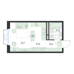 Планировка студии(квартира) площадью 28.6 квадратных метров в ЖК “ЖК G3 Михалевич”