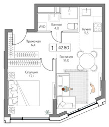 Планировка однокомнатной(квартира) площадью 42 квадратных метров в ЖК “ЖК Dream Riva (Дрим Рива)”