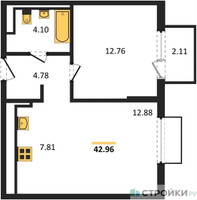 Планировка однокомнатной(квартира) площадью 42.96 квадратных метров в “ЖК Пригород Лесное”