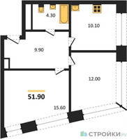 Планировка двухкомнатной(квартира) площадью 51.9 квадратных метров в “ЖК Архитектурный проект RAKURS (Ракурс)”