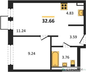Планировка однокомнатной(квартира) площадью 32.66 квадратных метров в ЖК “ЖК Квартал Ивакино”