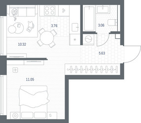Планировка однокомнатной(квартира) площадью 33.82 квадратных метров в ЖК “ЖК TATE (Тэйт)”