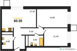 Планировка двухкомнатной(квартира) площадью 60.5 квадратных метров в “Сити квартал Отрада”