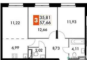 Планировка двухкомнатной(квартира) площадью 57.66 квадратных метров в “ЖК Движение. Говорово”