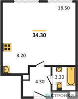 Планировка студии(квартира) площадью 34.3 квадратных метров в “ЖК Архитектор”