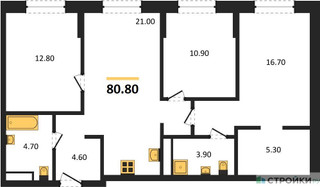 Планировка трехкомнатной(квартира) площадью 80.8 квадратных метров в “ЖК Детали”