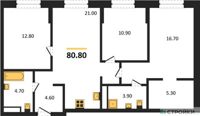 Планировка трехкомнатной(квартира) площадью 80.8 квадратных метров в ЖК “ЖК Детали”