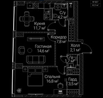Планировка двухкомнатной(квартира) площадью 62.2 квадратных метров в “ЖК СЕЗАР БУДУЩЕЕ”