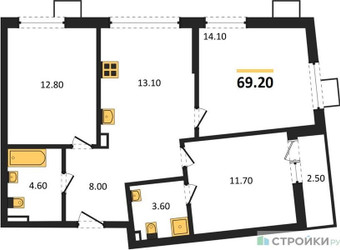 Планировка трехкомнатной(квартира) площадью 69.2 квадратных метров в ЖК “ЖК Деснаречье”