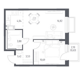 Планировка однокомнатной(квартира) площадью 41.01 квадратных метров в ЖК “ЖК Томилино Парк”