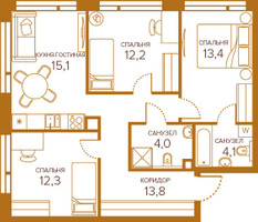 Планировка трехкомнатной(квартира) площадью 74.9 квадратных метров в “ЖК Champine (Шампайн)”