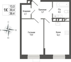 Планировка однокомнатной(квартира) площадью 39.4 квадратных метров в “ЖК КИНОКВАРТАЛ”