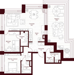 Планировка двухкомнатной(квартира) площадью 84.4 квадратных метров в ЖК “ЖК Дом 7 Даниловский”
