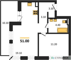 Планировка однокомнатной(квартира) площадью 51 квадратных метров в “ЖК Квартал Герцена”