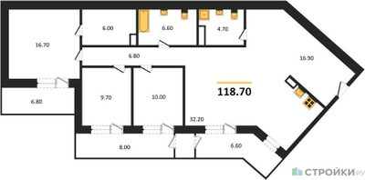 Планировка трехкомнатной(квартира) площадью 118.7 квадратных метров в ЖК “Отрада на реке”