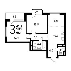 Планировка трехкомнатной(квартира) площадью 61.1 квадратных метров в ЖК “Новые Ватутинки. Заречный”