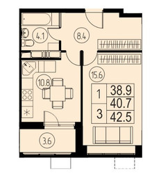 Планировка однокомнатной(квартира) площадью 40.7 квадратных метров в ЖК “ЖК Ривер-Парк”