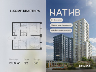 Планировка однокомнатной(квартира) площадью 35.6 квадратных метров в ЖК “ЖК Натив”