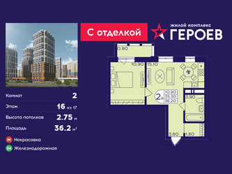 Планировка двухкомнатной(квартира) площадью 36.2 квадратных метров в ЖК “ЖК Героев”
