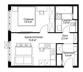 Планировка однокомнатной(квартира) площадью 42.5 квадратных метров в ЖК “ЖК Эко Видное 2.0”