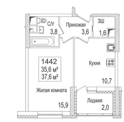 Планировка однокомнатной(квартира) площадью 37.6 квадратных метров в “ЖК Рассказово”