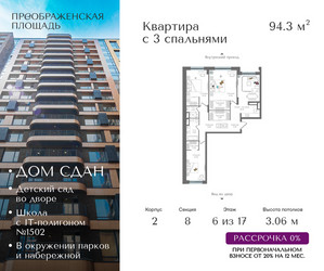 Планировка трехкомнатной(квартира) площадью 94.3 квадратных метров в ЖК “ЖК Преображенская Площадь”